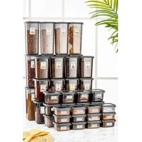 Resim Meleni Home 48 Parça Çeyiz Seti - Etiketli Kare Erzak Saklama Kabı Kahvaltılık Çerezlik Baharatlık Bakliyat Kabı 