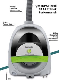 Resim GoldMaster Yıldız Çift Hepa Filtreli 2.5 Litre Geniş Hazneli Toz Torbasız 5 Yıl Garantili Elektrikli Süpürge 