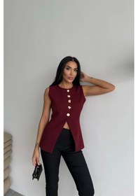 Resim Defymoda Gold Düğme Detaylı Yelek - Bordo Bordo 