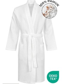 Resim %100 Pamuk Pike Bornoz - Kimono Otel Bornozu, Spa Için Ideal, Günlük Kullanıma Uygun Beyaz 