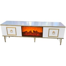 Resim Evimeaksesuar Şömineli Tv Sehpası Özel Yapım Beyaz-Gold 208 Cm 