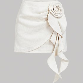 Resim Kadın A-Line Tweed Etek 3D Çiçek ve Ruffle Hem ile, Bej - Şık Plise Midi Etek Sonbahar/Kış için, Rahat veya Resmi Durumlar için Mükemmel, Sevimli Etekler, Sonbahar Modası, Sophisticated Style, Dokulu Kumaş 