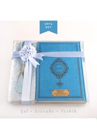 Resim Şal + Seccade + Tesbih + Kuran Hediye Seti Orta Boy, Termo Deri, Açık Mavi 