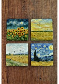 Resim Doğal Taş Bardak Altlığı - Van Gogh Aı Eserleri Baskılı 10x10cm Yapay Zeka Stone Coasters 480 Çok Renkli 