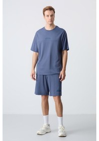 Resim Tommy Life Petrol Pamuklu Kalın Yumuşak Dokulu Oversize Fit Basic Erkek Şort Takım - 85259 