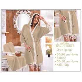 Resim Lorena Kapuçino Kadın Fransız Dantelli Balayı Çeyizlik Bornoz Set Kahverengi 
