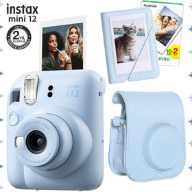 Resim Instax mini 12 Mavi Fotoğraf Makinesi-20'lu Film-Mini Albüm ve Deri Kılıf Seti 