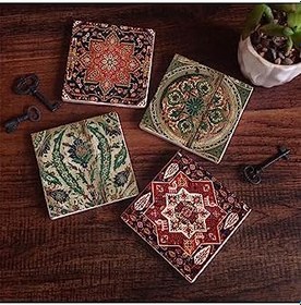 Resim Vintage Desen Taş Bardak Altlığı Seti - 4 Parça - Dekoratif, Rustik Mutfak Aksesuarı, 10x10 cm, Kaydırmaz Tabanlı, Şık ve Dayanıklı SC499 