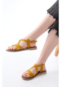 Resim 205-09 Hardal Ortopedik Hakiki Deri Kadın Sandalet Altın - Taba 