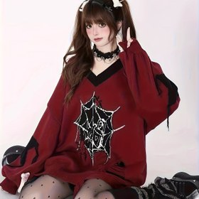 Resim Y2K Koyu Tatlı ve Havalı Yıldız & Hayvan Desenli Kadın Kazak - V-Yaka Fener Kol, Distressed Detaylar, Petite Kadınlar için Bol Kesim H-Siluet, Sonbahar Kış Günlük Giyim, Şirin Kazak, Kışlık Rahat Kıyafet, Vintage Tasarım, Orta Esneklikte Kumaş 