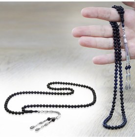 Resim Tesbihname Sıkma Kehribar Namaz Tesbihi - Kararmaz Metal Püsküllü - Bilek Boy - Süzme Mavi Siyah - Küre Kesim Çok Renkli 