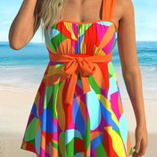 Resim Kadın İki Parça Tankini Mayo Seti, Yüksek Esneklikli Örgü Kumaş, Geometrik Desen, Zayıflama Uygun, Polyester %82 Elastan %18, 135/210 g/m², Yaz Plaj Giyim 