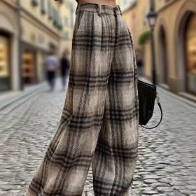 Resim Şık Ekose Tweed Geniş Paça Pantolon - Kemersiz Tam Fermuarlı Kış Pantolonu Bej/Kahverengi/Siyah/Beyaz Ekose Desenli, Makinede Yıkanabilir - Günlük ve Resmi Kıyafetler İçin Uzun Pantolon (Esneklik Yok, İskoç Tarzı) 