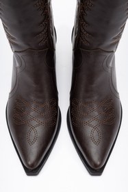 Resim DENORA Acı Koyu Kahve Mat Deri Nakışlı Kabartmalı Western Kovboy Bot Çizme 