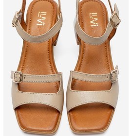 Resim Luvishoes Yolen Bej Cilt Hakiki Deri Kadın Kalın Topuklu Sandalet 