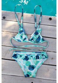 Resim Lolliboomkids Kız Çocuk Fırfır Detaylı Üçgen Bağlamalı Yeşil Geometrik Desenli Bikini Takımı Yeşil 