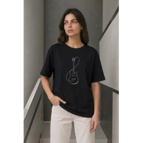 Resim Çamaşır Kenti Minimal Gitar Baskılı Tişört Tshirt Yazlık Kısa Kol Bisiklet Yaka Tshirt 