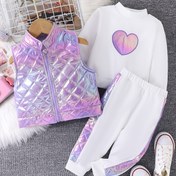 Resim Kız Çocukları İçin Üç Parçalı Takım: Yuvarlak Yaka Beyaz Uzun Kollu Mor Kalp Desenli Sweatshirt, Bebek Elastik Bel Pantolon, Şık Parlak Mor Fermuarlı Kolsuz Yelek ve Uyumlu Uzun Kollu Üst ile Günlük Giyim Seti - Dış Mekan Kullanımı İçin İdeal 