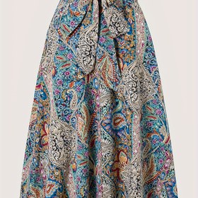 Resim Kadınlar için Bohem Çiçek Baskılı A Kesim Midi Etek - Canlı Paisley ve Çiçek Tasarımı, Yüksek Bel Günlük İlkbahar/Yaz Eteği, Polyester, Makinede Yıkanabilir, Yüksek Bel Etek 
