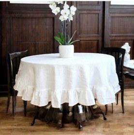 Resim Dnc Home Tekstil Premium Beyaz Keten Fırfırlı Yuvarlak Masa Örtüsü 001 