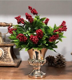 Resim Yapay Çiçek Aranjmanı Antik Cam Vazoda Kırmızı Kokina Çiçekleri 