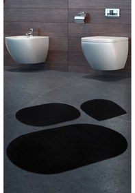 Resim Rixos Siyah 3'lü Banyo Halısı Paspası Seti Kaymaz Deri Tabanlı Siyah 