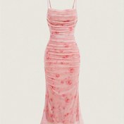 Resim Çiçek Desenli Spagetti Askılı Elbise, Bahar & Yaz için Şık Kolsuz Büzgülü Bodycon Cami Elbise, Kadın Giyim 