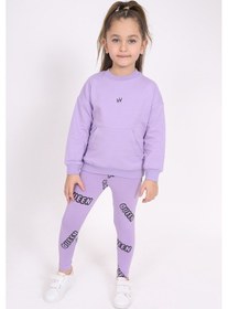 Resim Toontoy Kız Çocuk 2'li Takım Baskılı Bisiklet Yaka Düşük Omuz Cepli Sweatshirt & Basic Düz Tayt Lila 