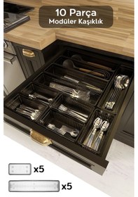 Resim 10'lu Modüler Set Kaşıklık Çekmece Içi Düzenleyici Çatal Kaşık Bıçak Düzenleme Organizeri Antrasit 