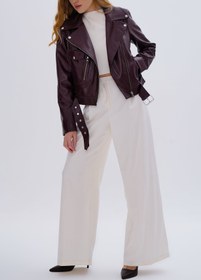 Resim Valmenti Kadın Hakiki Deri Bordo Biker Ceket VLM3908 - XL 