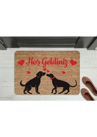 Resim Hoş Geldiniz Yazılı Köpek Figürlü Kapı Önü Paspası Dekoratif Kaymaz Taban Beyaz 