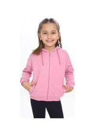Resim Toontoy Kız Çocuk Kapüşonlu Fermuarlı Cepli Düşük Omuz Örme Hırka - 2 İplik Gül Kurusu 