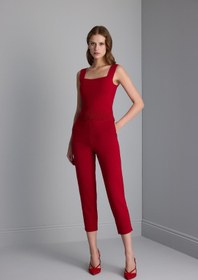 Resim Kare Yaka Kırmızı Triko Crop Top - Kırmızı / S 