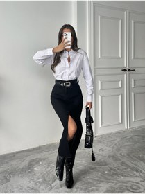 Resim BLUE MARLIN KADIN SİYAH UCU KESİK ÖN YIRTMAÇ KOT ETEK 
