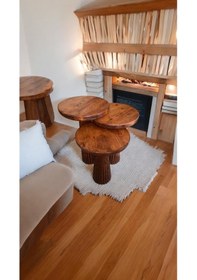 Resim Wood Wooden Ahşap 3 Lü Set Fitilli Mantar Yan Sehpa Modern Fındık Renk Fiskos Kahverengi 