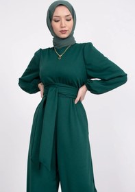 Resim Tesettür Diyarı Geniş Kuşak Dolamalı Tesettür Tulum- Zümrüt 