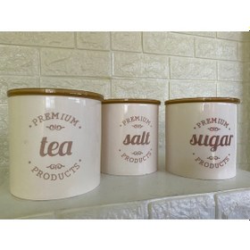 Resim 3'lü Vakumlu Kapaklı Porselen 1000 Ml Tea/salt/sugar Çay Tuz Şeker Kavanoz Seti 
