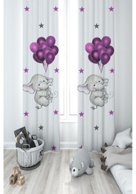 Resim Mekta Home Bebek Ve Çocuk Odası Filli Ve Mor Balon Desenli 2 Kanat Fon Perde 