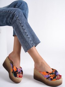 Resim Pointy Turuncu Batik Platform Dolgu Topuklu Kadın Terlik 