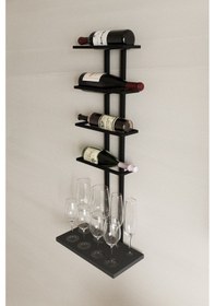 Resim Aju Şaraplık Ve Kadeh Rafı Duvara Monte Şarap Mahzeni Modern Duvar Alkol Rafı Metal Ve Ahşap Tasarım Siyah 