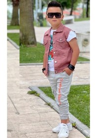 Resim Riccotarz Erkek Çocuk Kaplan Detaylı T-shirt Sırt Baskılı Kolsuz Pudra Jean Ceket Kargo Cepli Alt Üst Takım Pudra 