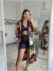 Resim TLG TLG GİYİM Kadın İkili Şort-Üst Astarlı Saten Kimono Takım 