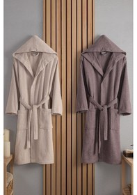 Resim Güvenal Unisex Verona Bay&bayan Pamuk 2'li Çizgili Kapüşonlu Bornoz Seti Bornoz Çeyiz Seti Bornoz Takımı 3 Çok Renkli 