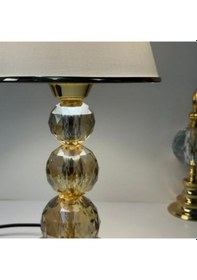 Resim Mooncher Cam Gövdeli Gold Metal Abajur Altın Şeritli Krem Kumaş Başlık Gece Lambası Krem - Gold 