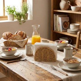 Resim Tkc(Yt) Dekoratif Plastik Rattan Yarım Yuvarlak Peçetelik–doğal Hasır Dokulu Masaüstü Peçet 