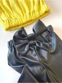 Resim Özge Başaran Kız Çocuk, Likralı Deri Fiyonk Detaylı Pantolon, Sarı Straplez Crop Bluz Ve Saç Sarı 