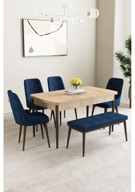 Resim Clara Meşe Desen 80x132 Açılabilir Yemek Odası Takımı 4 Sandalye, 1 Bench Lacivert 