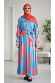Resim Ahel Minaze Collection Mavi Turuncu Çiçek Desenli Kuşaklı Tesettür Elbise - Şık Mevsimlik Saten Elbise 