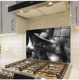 Resim Decorita Cam Ocak Arkası Koruyucu Galaksi Desen Siyah - Beyaz Fon 49.5 x 76 CM 