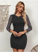 Resim Kadın Bisiklet Yaka Kol Tül Detay Dalgıç Mini Boy Elbise Siyah 